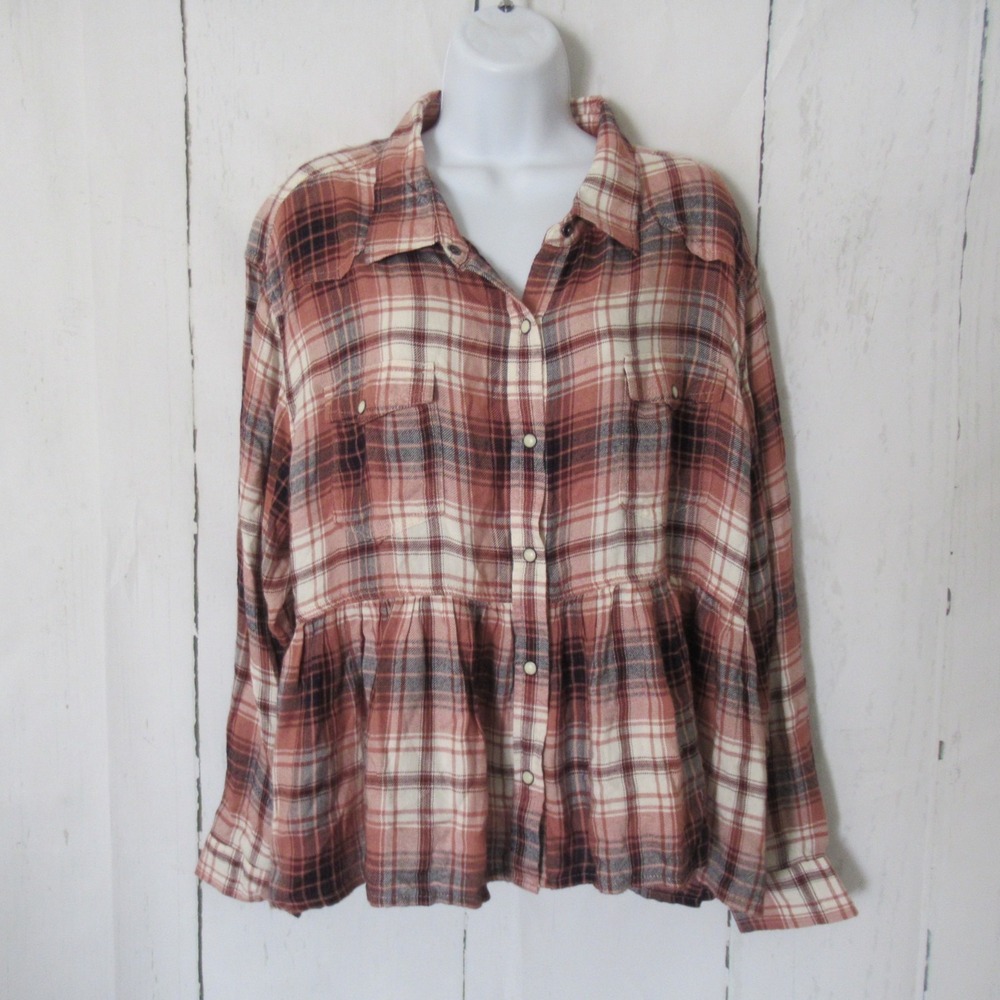 Lucky Brand Top XL Pink Plaid Pearl Snap Peplum Western Soft Cozy